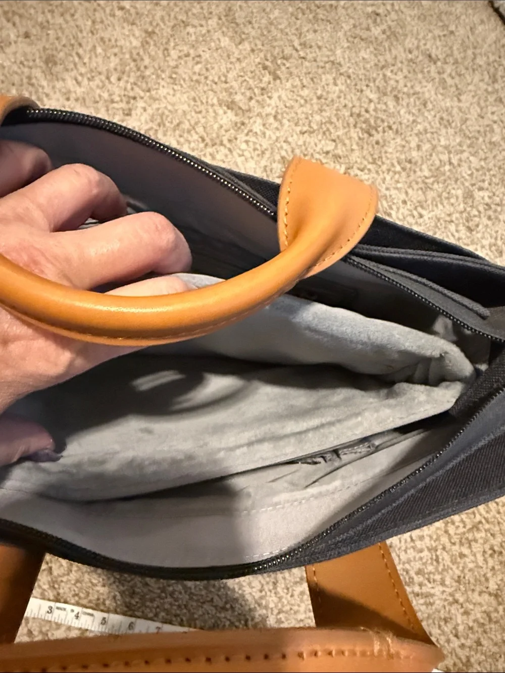 Gray and Tan Tote Bag with Leather Handles